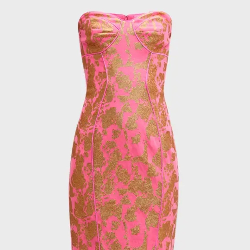 NWT Liv Foster spaghetti Bodycon Pink & Gold Metallic Jacquard Midi Dress Sz 0